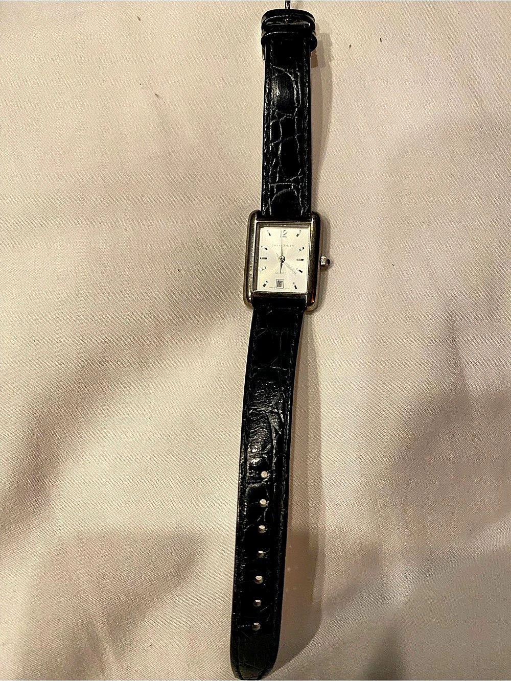 Genuine Leather Rectangular Watch in Black & Silver